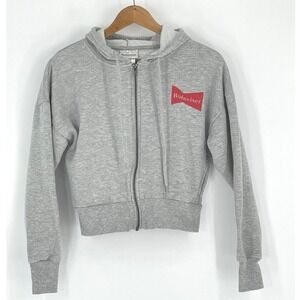 Budweiser Women Hoodie Medium Zip Up Gray Cropped Bowtie Logo Fleece
